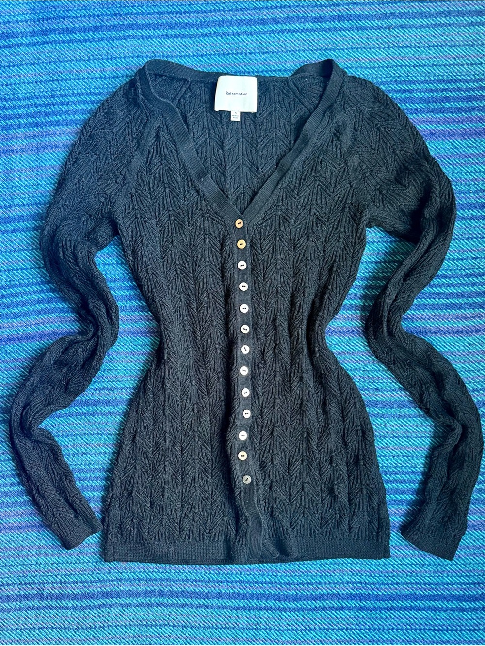Reformation Black Merino Wool Cable-Knit V-Neck Button Cardigan
